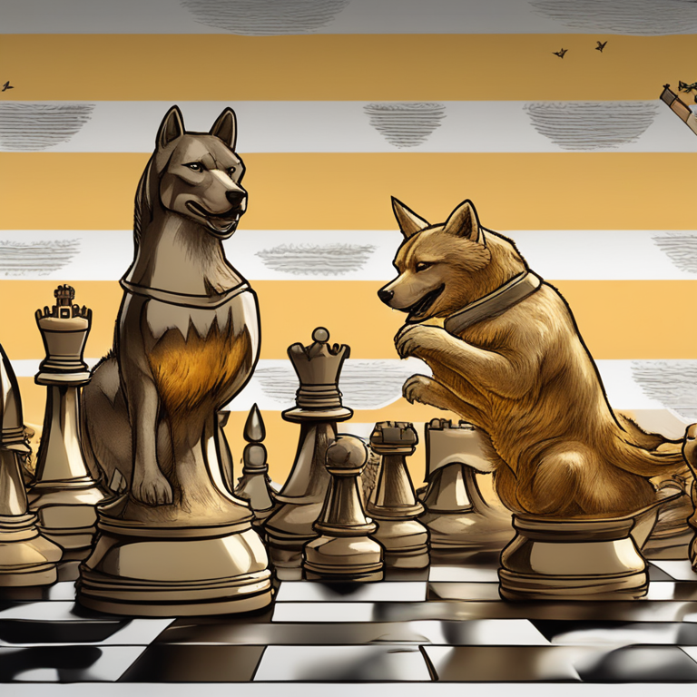 A mesmerizing digital panorama illustrating the high-stakes game of chess between Bitcoin and Dogecoin warriors, with Ethereum banners fluttering, signifying alliances, hand-drawn digital illustration, rich in metaphorical imagery, resonant with the depth of cryptocurrency market dynamics, art reminiscent of Satoshi Nakamoto meets Michelangelo, trending on Artstation, a snapshot of the crypto battlefield.