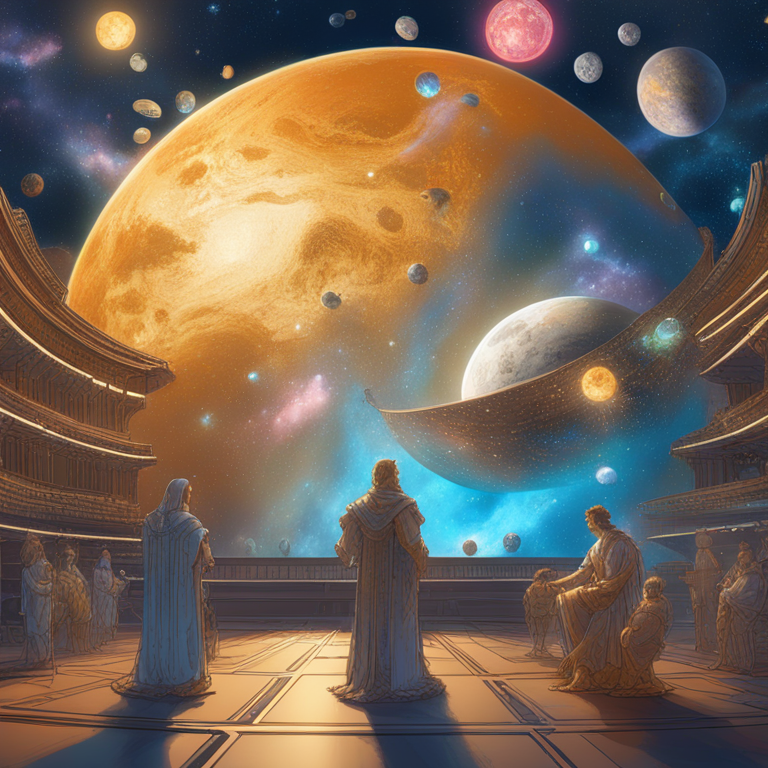 A vividly rendered digital tableau foreshadowing the cryptoverse's future, with Bitcoin, Ethereum, and Dogecoin as celestial bodies in a dynamic orbit, symbolizing the evolving interplay of market forces, digital art masterpiece, evocative of renaissance art meeting modern digital culture, trending on Artstation, a vision of the future through the lens of cryptocurrency, art by Satoshi Nakamoto and Michelangelo, digital illustration.