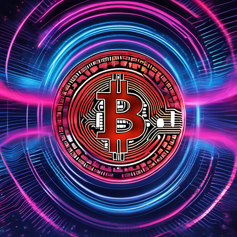 A dynamic digital art piece capturing the essence of Bitcoin's volatility with swirling neon blue and hot pink lines against a dark, star-studded sky, symbolizing the unpredictable cryptocurrency market trends, designed by fictional artists Alex Gray and Zoe Winters, trending on Artstation with a high-tech financial market vibe