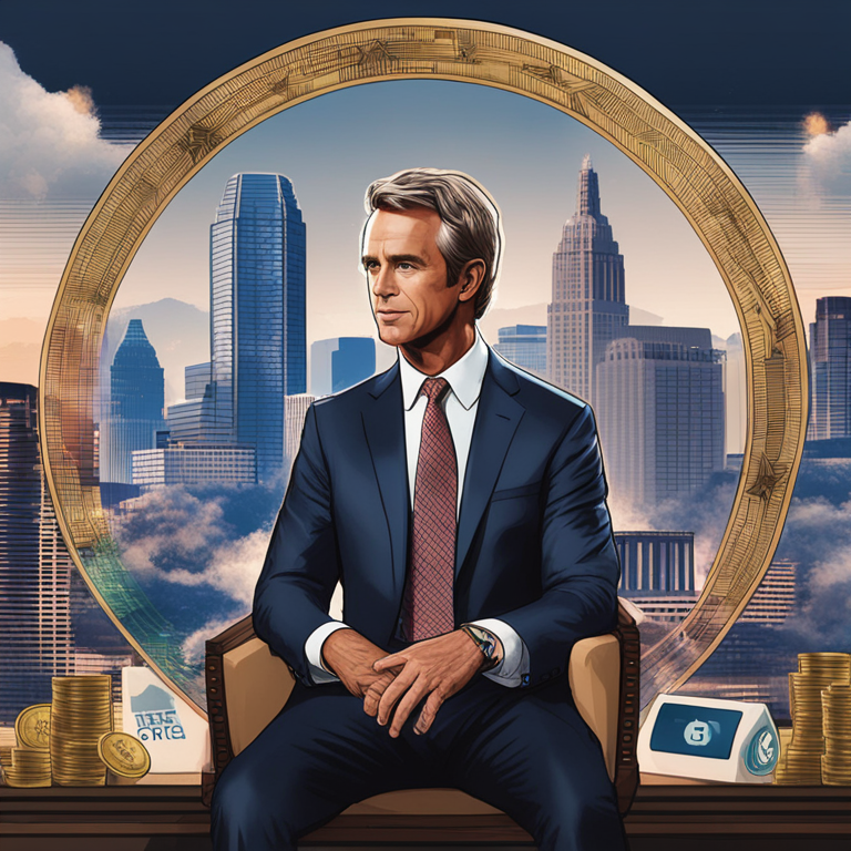 RFK Jr. against a backdrop of the Austin skyline, interspersed with digital currency icons, portrayed in a hand-drawn digital illustration, symbolizing a harmonious blend of traditional politics and the frontier of digital finance, Artstation HQ, digital art.