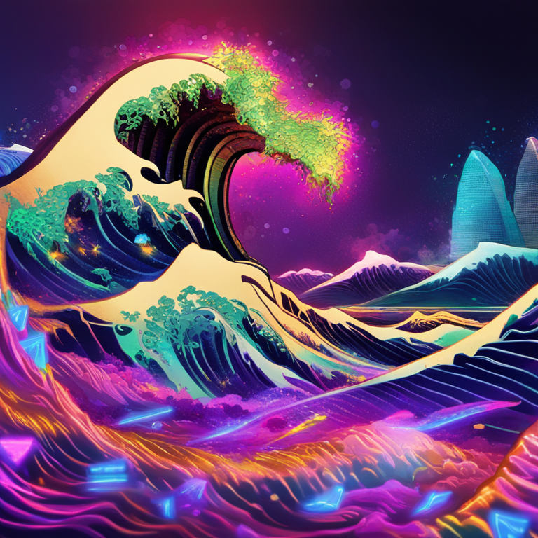 A digital art spectacle capturing WadzPay's entry into the stablecoin arena, featuring a hand-drawn digital tsunami wave of currency symbols crashing into the shores of the financial industry, with a blend of neon and metallic hues, drawing inspiration from top Artstation artists, embodying the surge of innovation and the transformative wave in fintech, digital illustration.