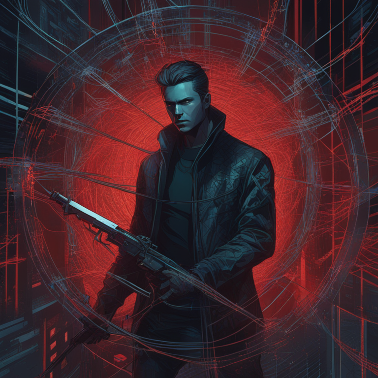 A dramatic digital reimagining of Dmitry Khoroshev as a shadowy figure in the crosshairs of justice, surrounded by strings of code and a backdrop of dark web forums; a tale of cyber intrigue and the relentless pursuit of law, captured in an electrifying digital art style by artists akin to James Jean and Jonathan Zawada, trending on Artstation.