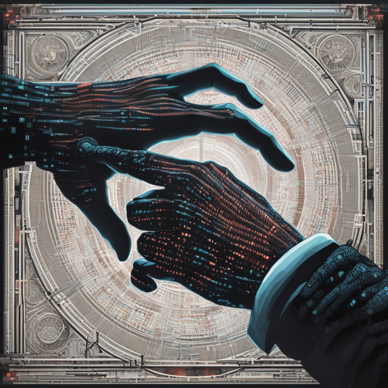 An intricate digital tapestry portraying Dmitry Khoroshev entwined with strings of binary code, ensnared by a massive digital hand representing the U.S. Department of Justice; a symbolic representation of cyber justice closing in, created in a striking digital art noir style, akin to the illustrious work found on Artstation by creators such as James Jean and Jonathan Zawada, trending in the digital art world.