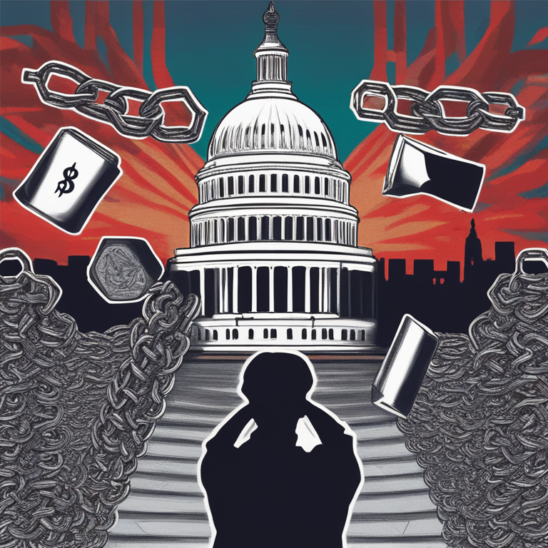 Digital chains breaking apart with U.S. Capitol silhouette in the background, symbolizing political efforts against crypto mixers, art by Satoshi Nakamoto and Ada Lovelace, hand-drawn digital illustration, trending on Artstation, embodying the clash between innovative finance and traditional regulations.