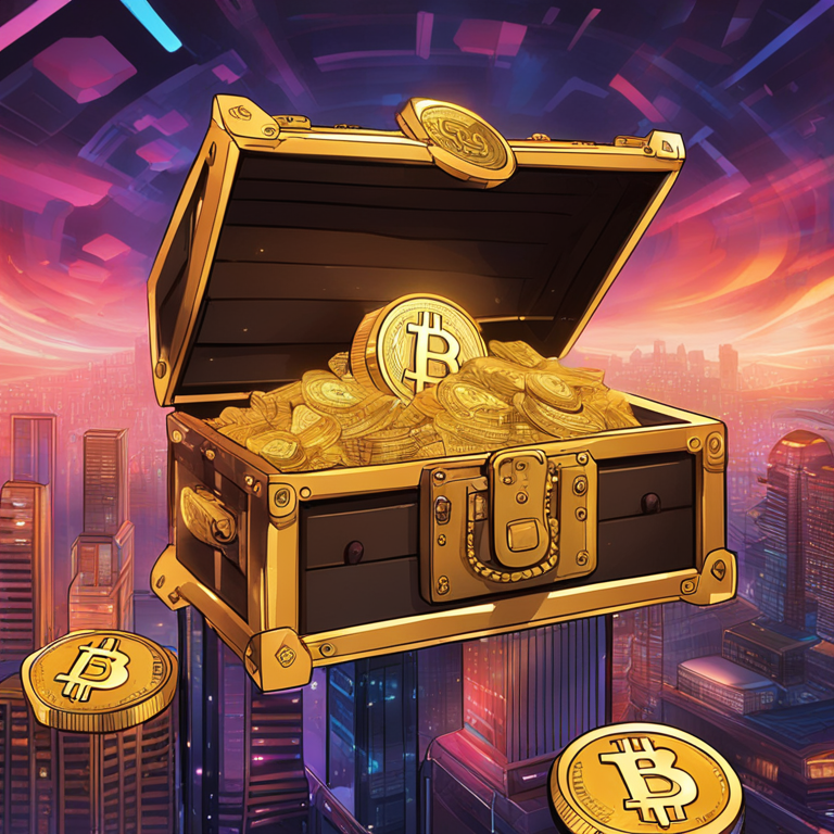 A vibrant, high-resolution digital illustration capturing the essence of Binance's reserve report, featuring a treasure chest overflowing with Bitcoin and altcoins, set against a futuristic cityscape backdrop, symbolizing wealth and security in the digital age, trending on Artstation HQ, created by digital artists known for their futuristic and imaginative visions.