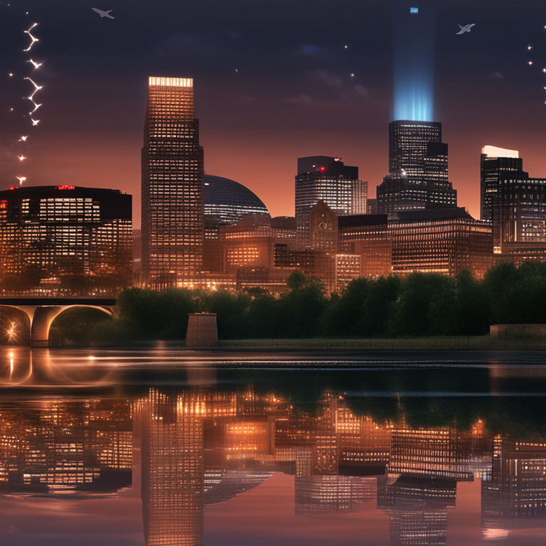 Minneapolis skyline at twilight, reflecting the potential changes in interest rates, with a digital overlay of Federal Reserve symbols, art by visionary finance digital artists, capturing a moment of economic deliberation, trendy and thought-provoking, trending on Artstation, hand-drawn digital illustration, Artstation HQ, digital art.