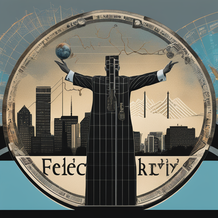 A digital collage juxtaposing the Federal Reserve's symbolic scale balance against a backdrop of the ever-evolving Minneapolis skyline, underlined by fluctuating interest rate graphs, art by renowned finance visionaries, digital illustration, mixing historical reverence with modern anticipation, trending on Artstation, conveying the delicate balance of monetary policy decisions in dynamic economic landscapes, hand-drawn digital art, Artstation HQ.