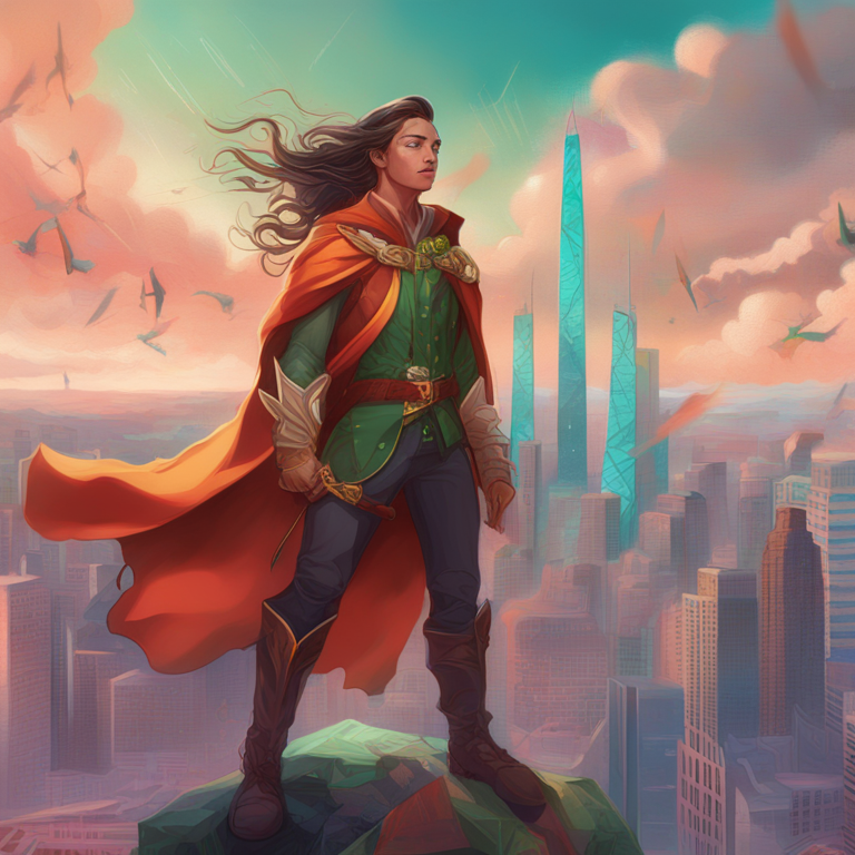 A captivating portrait of Robinhood's triumph, illustrated as a mythical figure soaring above a skyline made of stock market graphs and crypto symbols, art by Sophia Campbell and James Jean, digital painting, vividly colorful, Artstation trending, a masterpiece symbolizing financial resurgence, Artstation HQ, digital art.