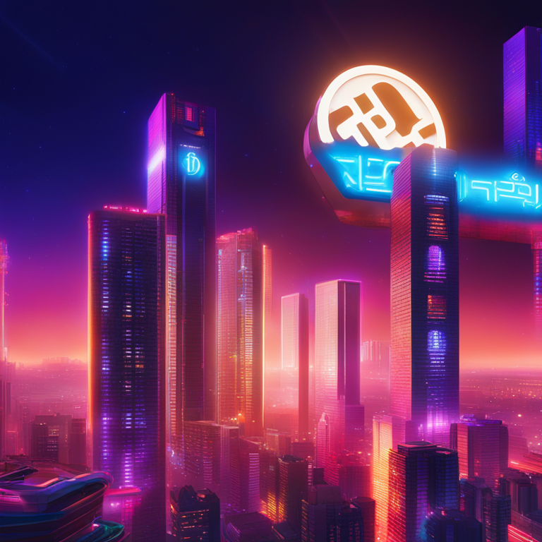 a vibrant, energized digital rendition featuring MoonPay and BitPay logos against a futuristic cityscape, with neon lights illuminating a night sky, symbolic of the revolutionary partnership in the crypto space, art by artists akin to Beeple on Artstation, digital art, vibrant colors, high resolution