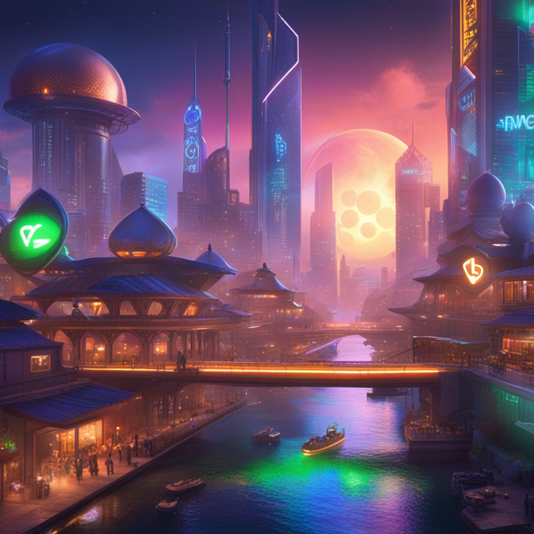 a vibrant, futuristic cityscape, teeming with digital innovation, where the brightly lit logos of MoonPay and BitPay shine like beacons, symbolizing a hub of crypto transaction ease, as envisioned by leading Artstation digital artists, high-resolution