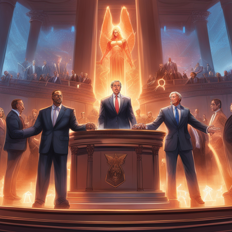 A vivid, digital courtroom scene with towering figures of Democrats and Republicans on either side, a massive, glowing scale of justice hanging in balance with cryptocurrency symbols, art by Alex Ross, hand-drawn digital illustration, trending on Artstation HQ, embodying the clash of ideologies within a technological framework