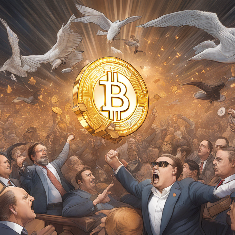 An animated graph showcasing the turbulence in the cryptocurrency market in response to regulatory news, surrounded by caricatures of politicians and tech moguls engaged in heated debate, art by Alex Ross, digital illustration, highly detailed, Artstation HQ, embodying the ongoing struggle between innovation and regulation