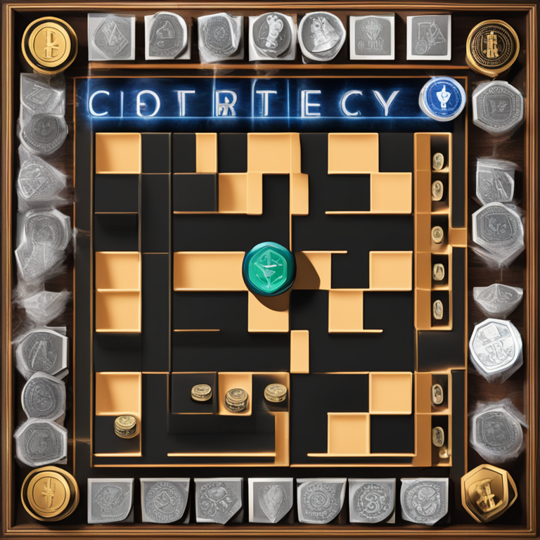 A chessboard with pieces shaped like cryptocurrency symbols and regulatory icons, positioned mid-game, highlighting the strategic battle between innovation and regulation, digital art infused with suspense and strategy, art by Alex Ross, trending on Artstation, captures the essence of ongoing cryptocurrency regulation debates