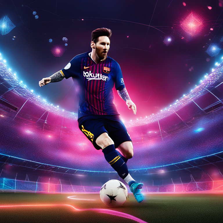 Lionel Messi dribbling on the soccer field, Polkadot logos lighting up around in a futuristic stadium, showcasing the fusion of blockchain and sports, digital art, lively, capturing the essence of innovation, art by visionary digital artists, trending on Artstation.