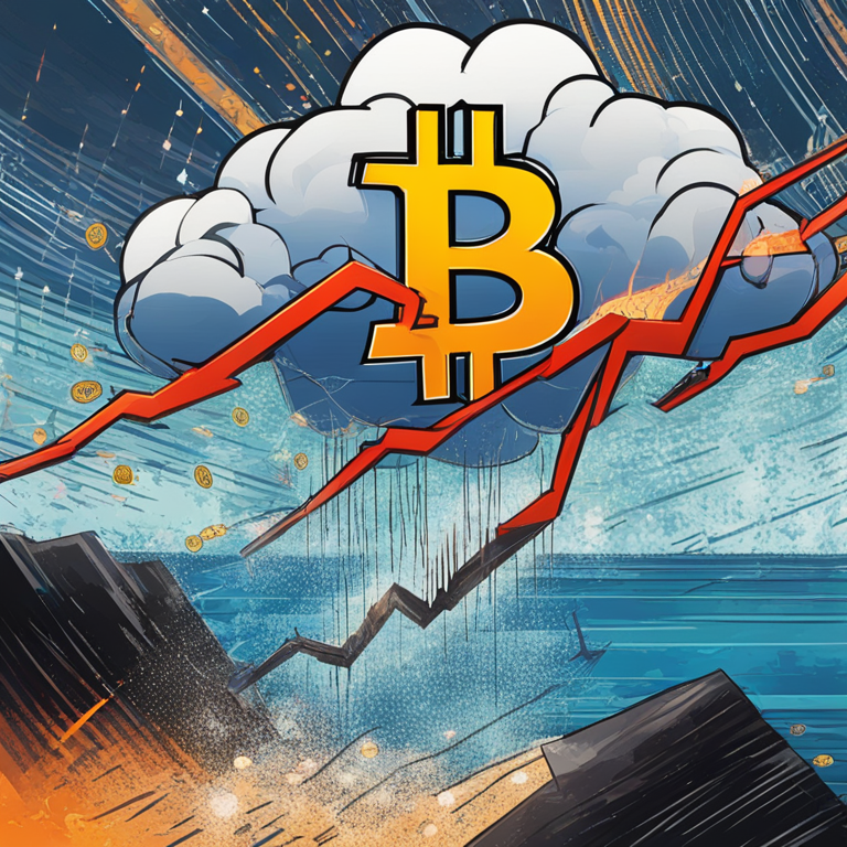 a dynamic visual metaphor for Bitcoin's uncertain summer prospects, featuring a digital currency icon teetering on the edge of a stormy cloud, with lightning bolts striking down and financial charts soaring and plummeting in the backdrop, art by Satoshi Nakamoto meets Jackson Pollock, digital illustration, trending on Artstation, vivid and energetic, encapsulating the thrill and peril of cryptocurrency investing