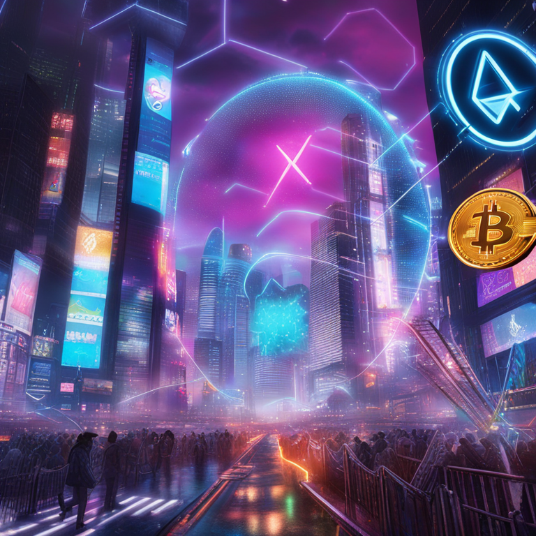 a high-tech collage featuring the Coincheck logo rocketing towards the Nasdaq sign, surrounded by glowing digital currencies and futuristic cityscapes, depicting the potential market disruption, art by imaginative digital artists, digital art, popular on Artstation, vibrant neon aesthetics