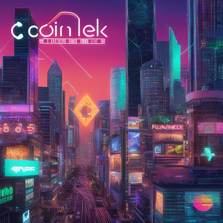 A digital montage embodying the fusion of traditional finance and the pulsating digital crypto world, featuring the Coincheck logo embarking on a journey towards the iconic Nasdaq symbol, encapsulated within a neon-lit cybernetic city at dusk, art by visionary digital creators, hand-drawn digital illustration, trending on Artstation, a vivid macular synthesis of old and new finance paradigms, vibrant, engaging composition