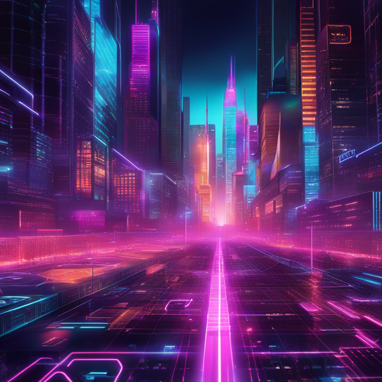 A vibrant, neon-lit chart skyrocketing towards digital infinity, capturing the dynamic surge in Perp DEX trading volumes, resembling a scene from a cyberpunk cityscape, illuminating the digital finance revolution, hand-drawn digital illustration, trending on Artstation, symbol of unprecedented growth in the DeFi sector.