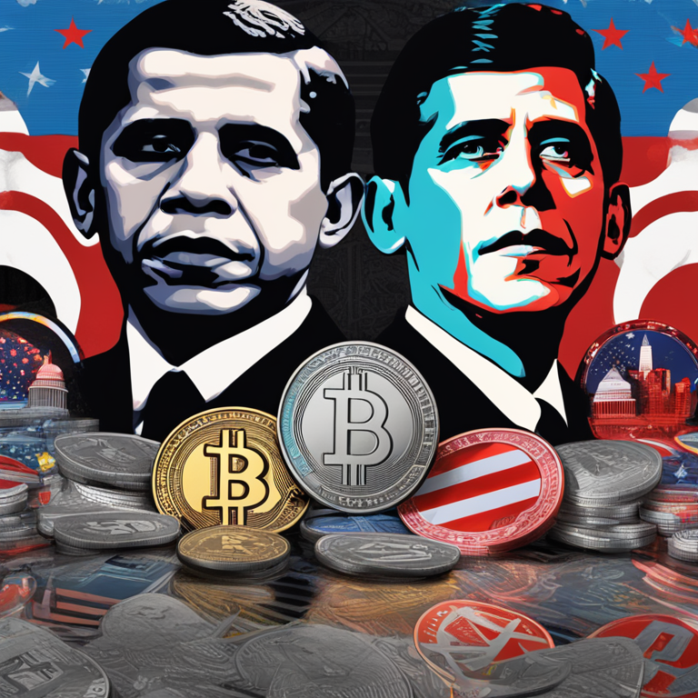 A digital collage blending iconic symbols from the Obama and Kennedy legacies with futuristic cryptocurrency motifs, hinting at the intersection of politics and digital finance, with elements of pop art and realism, artwork buzzing on Artstation, created by digital artists known for their thought-provoking political commentary.