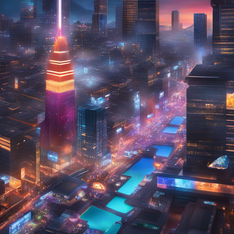 a digitally rendered montage of bustling cityscape with futuristic blockchain networks overlay, symbolizing the integration of traditional finance and DeFi, featuring icons and logos of BlackRock, Ondo, and Superstate gleaming under a digital sky, digital art, trending on Artstation, vivid and dynamic colors, art by digital artists akin to Beeple and KAWS, high-resolution