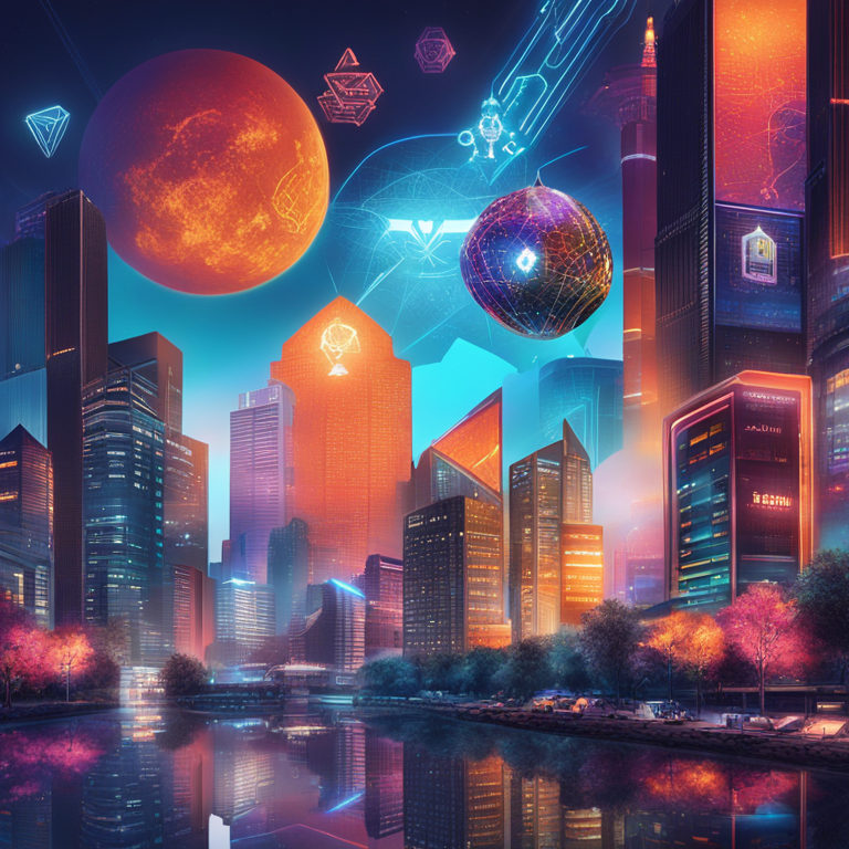 a captivating blend of financial prowess and digital innovation, illustrated through a montage of BlackRock, Ondo, and Superstate logos converging within a bustling, futuristic cityscape, art by top artists on Artstation, depicting the interplay of traditional and DeFi sectors in vivid, dynamic colors, visualizing the seamless integration and explosive growth of RWAs into the blockchain ecosystem, hand-drawn digital illustration, trending on Artstation HQ, digital art