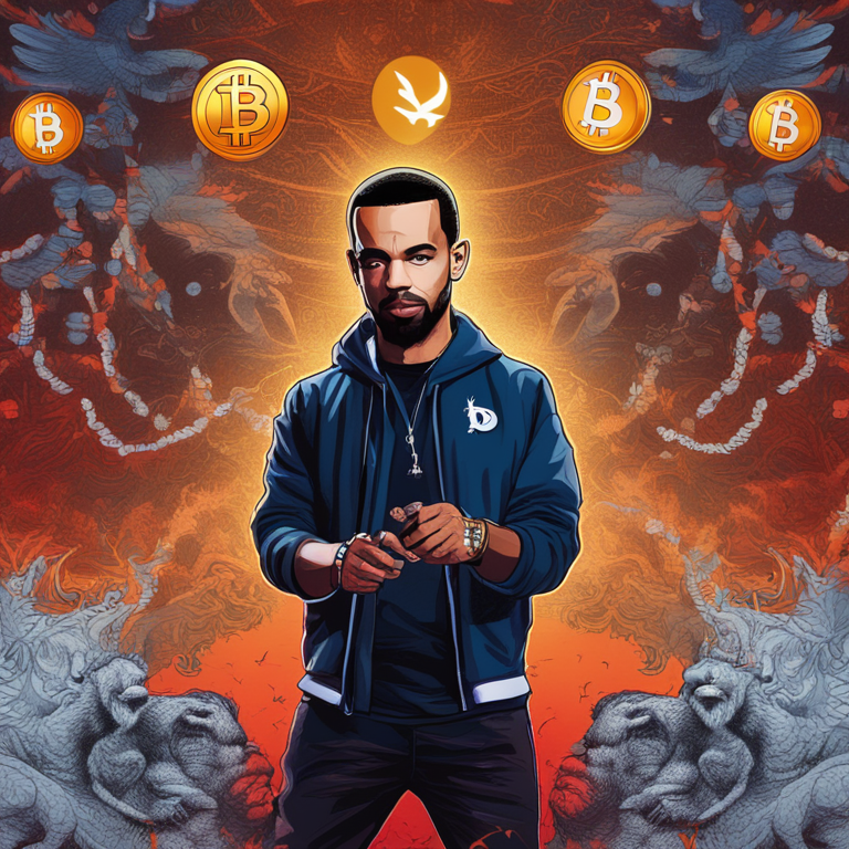 A vibrant, high-resolution digital art piece portraying Jack Dorsey as a mediator in a conceptual battle between Kendrick Lamar and Drake, with Bitcoin symbols creatively interwoven into the background, showcasing a unique blend of technology and hip-hop culture, hand-drawn digital illustration, trending on Artstation HQ, art by a renowned artist in the style of Banksy meeting Satoshi Nakamoto.