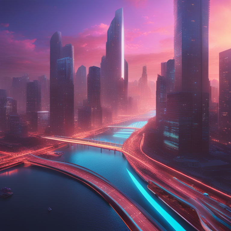 a vibrant, futuristic cityscape at dusk with dynamic streams of light connecting towering skyscrapers, symbolizing the innovative collaboration between Nayms and Coinbase in revolutionizing the blockchain insurance sector, digital art masterpiece by Beeple and Khyzyl Saleem, trending on Artstation, engaging and full of life, digital illustration