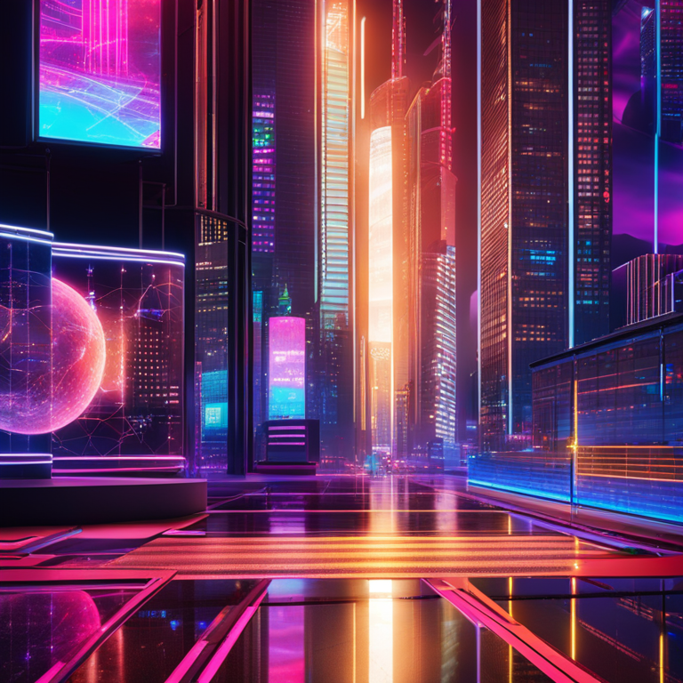 Dynamic digital visualization of AI token growth trends, featuring RNDR and FET tokens amidst a backdrop of animated stock market charts, vibrant neon colors illuminating futuristic cityscapes with advanced tech interfaces, digitally illustrated for Artstation HQ enthusiasts.