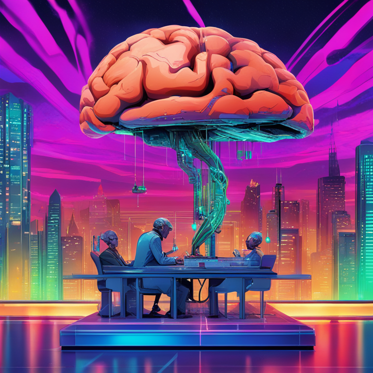 an imaginative portrayal of the ethical debate in neural technology, with symbolic scales balancing a brain and a computer chip, in vibrant colors against a futuristic city backdrop, digital art, popular on Artstation, created in the style of sci-fi legends