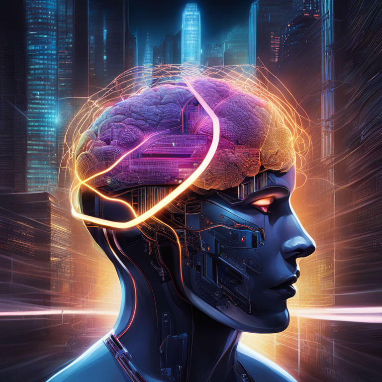 A visually striking digital illustration capturing the ethical crossroads of neural technology, featuring a luminous brain entangled with sleek, digital circuits against a shadowy, futuristic cityscape, reflecting the tension between advancement and ethics, art inspired by Chris Rahn and Marta Nael, trending on Artstation, high-resolution, vivid colors, dramatic contrast