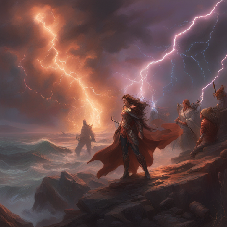 A stormy financial landscape inspired by April's Bitcoin volatility, featuring digital lightning bolts and chaotic market imagery, art by artists channeling the spirit of Peter Mohrbacher and Donato Giancola, high-detail, emotion-evoking digital illustration, trending on Artstation HQ.