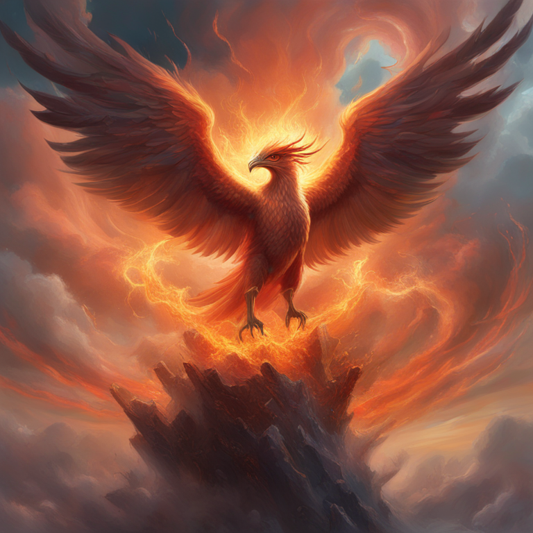 The defiant rebound of Bitcoin in April 2024, encapsulated through a vibrant digital painting depicting a Phoenix rising from ashes amidst stormy clouds, art by artists inspired by mythical themes in the style of Peter Mohrbacher and Donato Giancola, high-detail, emotion-evoking composition, trending on Artstation, symbolizing resilience and recovery, Artstation HQ.