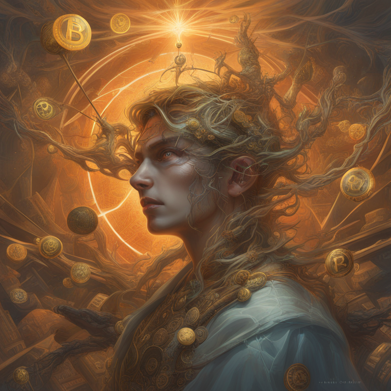 An intricate web of economic factors influencing Bitcoin's April volatility, visualized through a dynamic digital collage, art by artists inspired by the fusion of Peter Mohrbacher and Donato Giancola, high-detail, emotion-evoking digital illustration, trending on Artstation, capturing the essence of market turbulence, Artstation HQ.