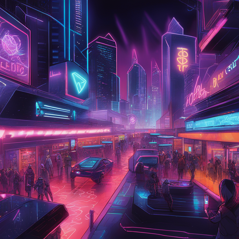 A vivid depiction of a decentralized digital marketplace, showcasing the Vega Protocol's platform amidst a cybernetic cityscape, with gleaming neon lights auditioning the speculative promise of tomorrow's tokens, hand-drawn digital illustration, evoking trends seen on Artstation, melding abstract finance with futurism.