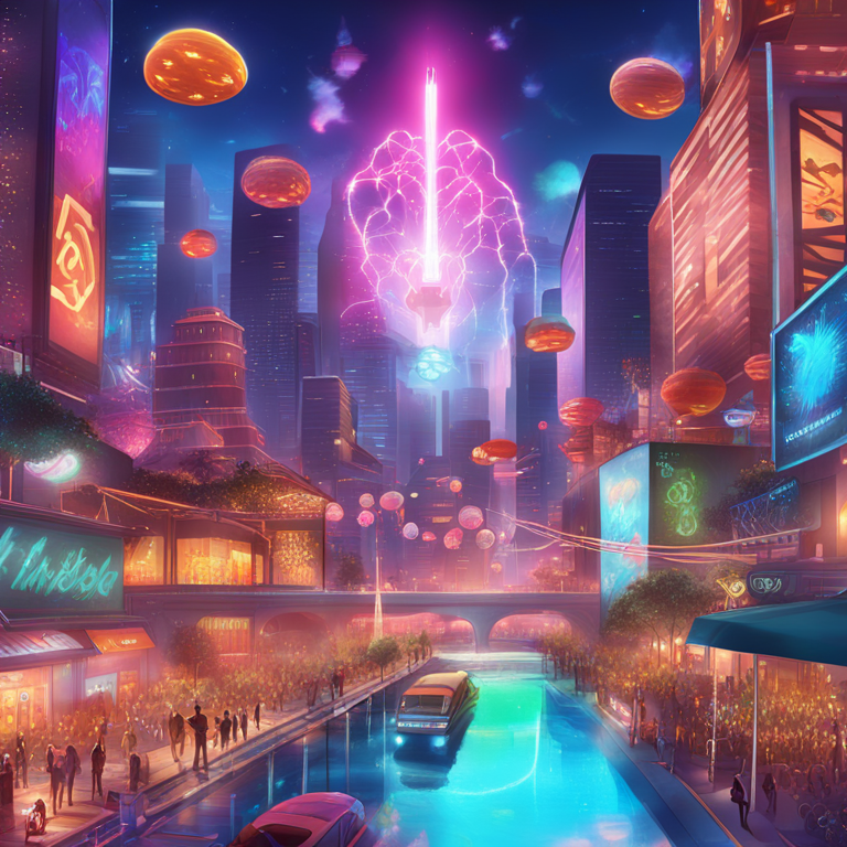 A vibrant, hand-drawn digital illustration of Mode Network's massive 550 million MODE token airdrop event, showcasing a digital utopia on the Optimism Network, filled with animated characters in a futuristic cityscape, eagerly catching a colorful cascade of tokens, evoking a sense of excitement and digital prosperity, trending on Artstation with captivating hues and dynamic scenes, digital art.