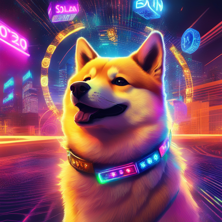 dynamic digital montage featuring Solana and memecoins like Dogecoin, dazzling against a backdrop of neon-lit cryptocurrency trends, art by visionary digital artists, a masterpiece featured on ArtStation, trending in digital finance art, capturing the essence of a major market rally, hand-drawn digital illustration, Artstation HQ, digital art