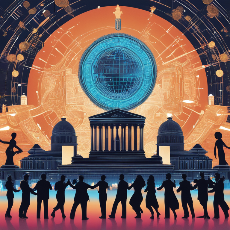 A digital artwork depicting a gracefully unfolding dance between futuristic, digital currency entities and traditional, silhouette figures representing government regulators, backdropped by iconic Argentine landmarks, hand-drawn in the style of top Artstation artists, vibrant, detailed, encapsulating the essence of fintech innovation versus governance.