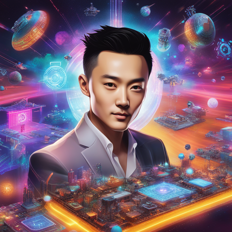 a visionary digital canvas picturing Justin Sun at the helm of a futuristic integration of AI, robotics, and blockchain, encircled by digital AI entities and cutting-edge robots within a vibrant decentralized network, trending digital art, vivid colors, and dynamic composition, art by leading digital visionaries, inspired by sci-fi and tech innovators, digital illustration on Artstation, Artstation HQ quality