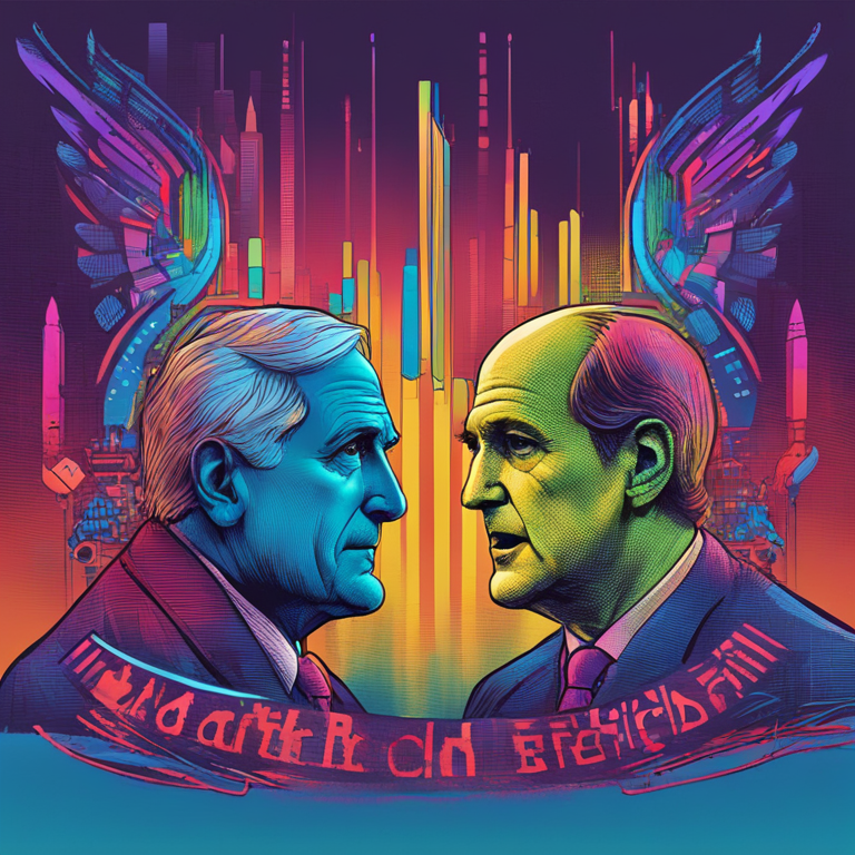 Intriguing digital art, representing the tension between innovation and regulation in the financial sector, vibrant colors echoing the intensity of debate, art by renowned digital artists, trending on Artstation HQ, a visual metaphor for the clash between Congressman Emmer and SEC Chief Gensler, hand-drawn digital illustration