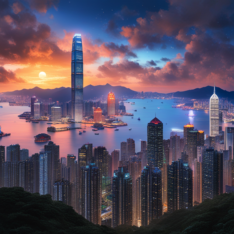 A dynamic digital painting of Hong Kong's skyline morphing into digital graphs and crypto coin symbols under a twilight sky, illustrating the city's leap into cryptocurrency ETFs, digital art by James Paick and Feng Zhu, trending on Artstation, capturing the fusion of finance and digital currencies.