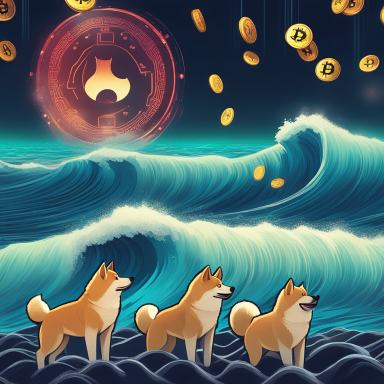 dynamic digital illustration of cryptocurrency icons Shiba Inu, Bitcoin, and Cardano as animated characters navigating the tumultuous waves of a digital sea, symbolizing the volatile cryptocurrency market, art by Beeple and Kode Abdo, trending on Artstation, digital art