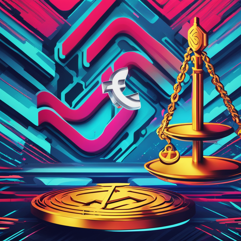 An abstract representation of the Ripple vs. SEC legal battle, showcasing a scale balancing Ripple's logo and the SEC emblem, set against a digital cyber background, evoking themes of justice and technology, in a vibrant, high-contrast digital illustration, trending on Artstation, digital art