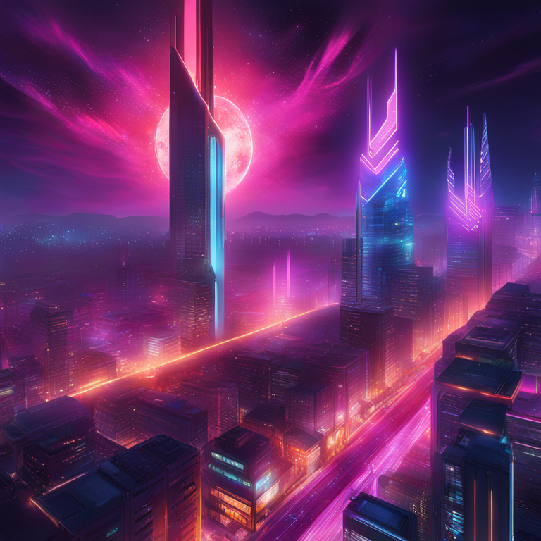 A vibrant digital art piece showcasing Solana’s meteoric rise, envisioned as a gleaming cityscape ascending into the crypto heavens, art by acclaimed digital artists, trending on Artstation with futuristic and neon elements, hand-drawn digital illustration, Artstation HQ, high-quality digital art.