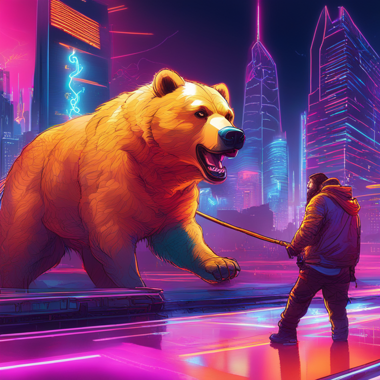 A vivid digital art piece depicting the fluctuating nature of Bitcoin against a cyberpunk skyline, with neon graphics illustrating a bear and bull in a tug of war, symbolizing market volatility, trendsetting on Artstation, hand-drawn digital illustration, Artstation HQ, vibrant colors and futuristic vibes.