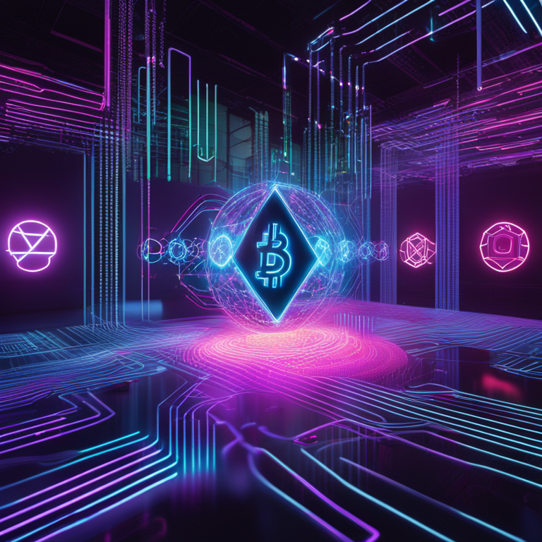 Cryptocurrency symbols merging with futuristic AI elements, a digital art spectacle showing glowing neon connections among Render, SingularityNET, Bittensor, and Fetch.ai symbols, set against a dynamic, high-tech backdrop reminiscent of a digital utopia, art piece trending on Artstation, crafted by top digital futurists, encapsulating the revolutionary merge of blockchain and artificial intelligence, vibrant colors, detailed high-resolution textures.