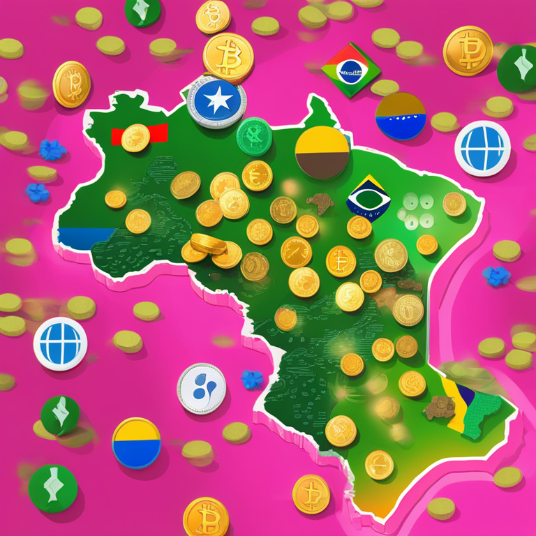 colorful digital illustration of the map of Brazil filled with vibrant cryptocurrency coins depicting the boom in crypto imports, art by Kaitlyn Leibrand, featured on Artstation, a conceptual portrayal of Brazil's economic shift towards digital currency