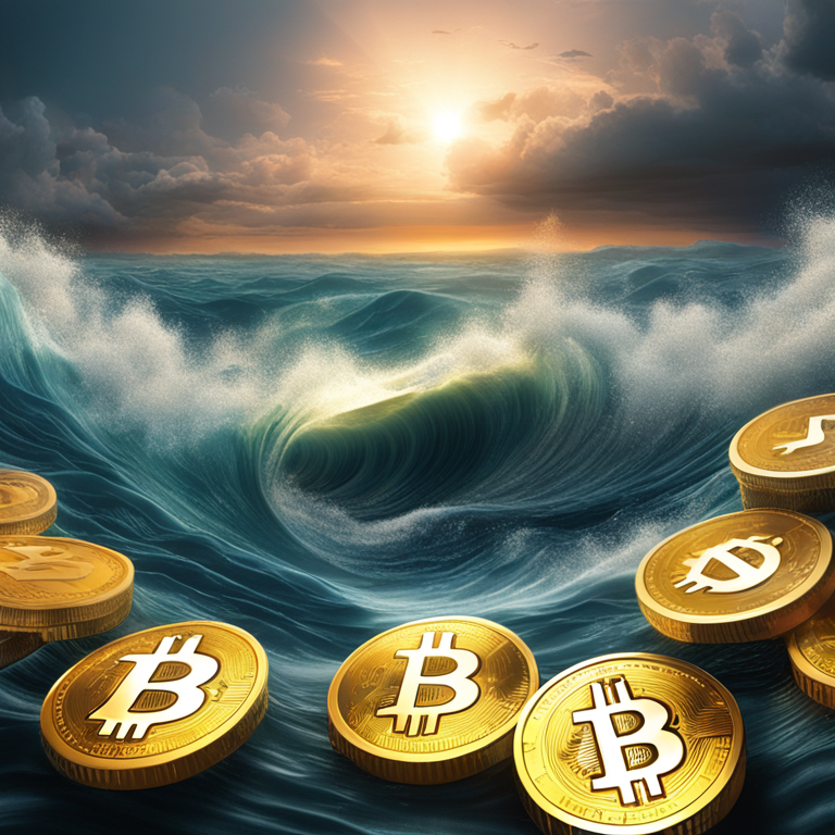 A dynamic wave of digital coins in a turbulent sea, symbolizing the $251 million exit from cryptocurrency investments, a captivating artwork by esteemed digital artists, vivid and immersive, simulating the intensity of market volatility, artstation featured, digital art, ultra-high definition