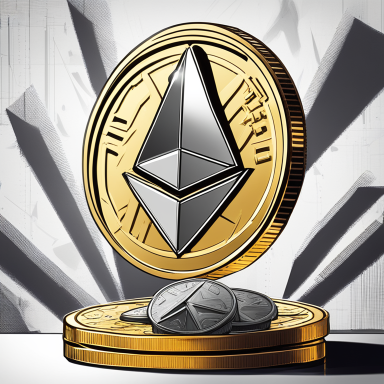 Ethereum's digital resurrection: A golden coin emblazoned with Ethereum's logo ascending against a backdrop of a digital chart spike, demonstrating potential growth. Beneath, the shadows of bullish investors are cast, eagerly watching the rise, captured in a hand-drawn digital illustration, Artstation HQ, digital art, invoking a sense of imminent success and market excitement.