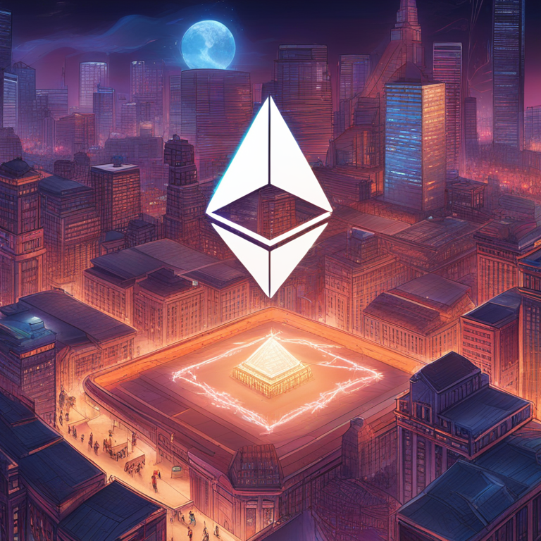 A vivid, dynamic representation of Ethereum's ecosystem showing a bustling digital marketplace filled with NFTs, DeFi platforms in action, and the Ethereum 2.0 beacon chain shining brightly above, encapsulated in a mesmerizing, hand-drawn digital illustration, spotlighted on Artstation HQ, capturing the essence of innovation and optimism.