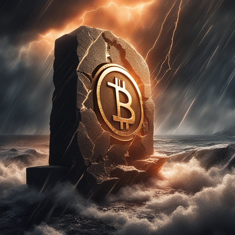 A dramatic visual depicting Bitcoin's Rune Protocol crash, illustrated as a mythical rune stone cracking amidst a thunderous storm, evoking the unpredictable nature of cryptocurrency markets, art by renowned digital artists, trending on Artstation, incorporating elements of fantasy and finance, high-dynamic-range imagery.